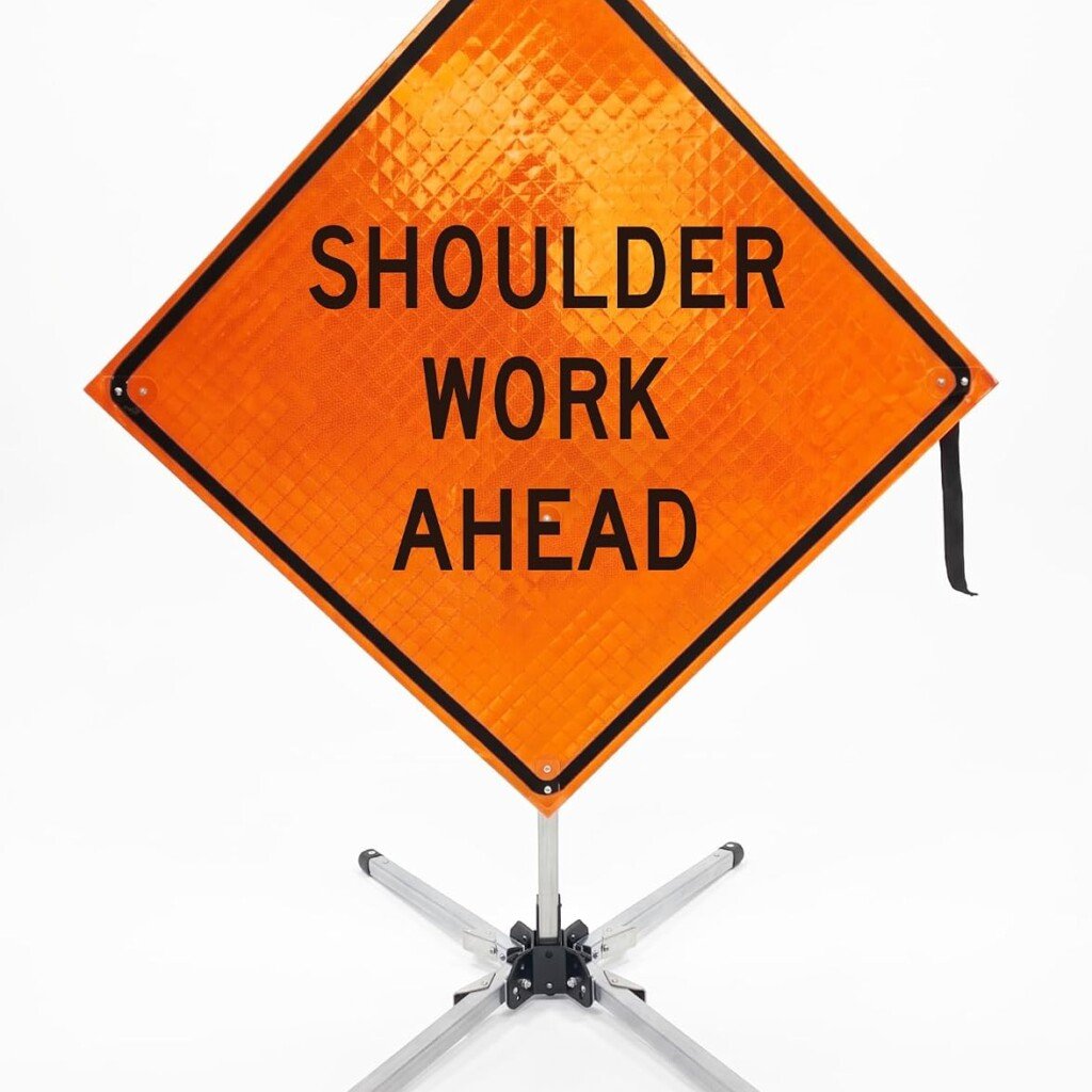 Shoulder work ahead sign configuration on portable stand