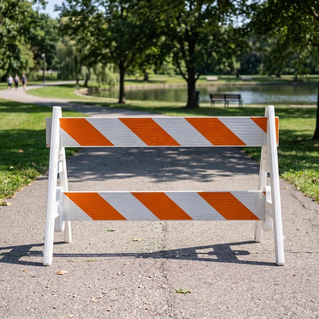 Eastern Metal plastic A-frame type 2 barricade with double sided reflective rails deployed in a park setting