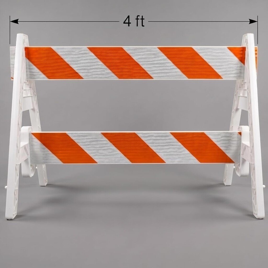 Technical dimension graphic of Eastern Metal plastic A-frame barricade leg showing height and width