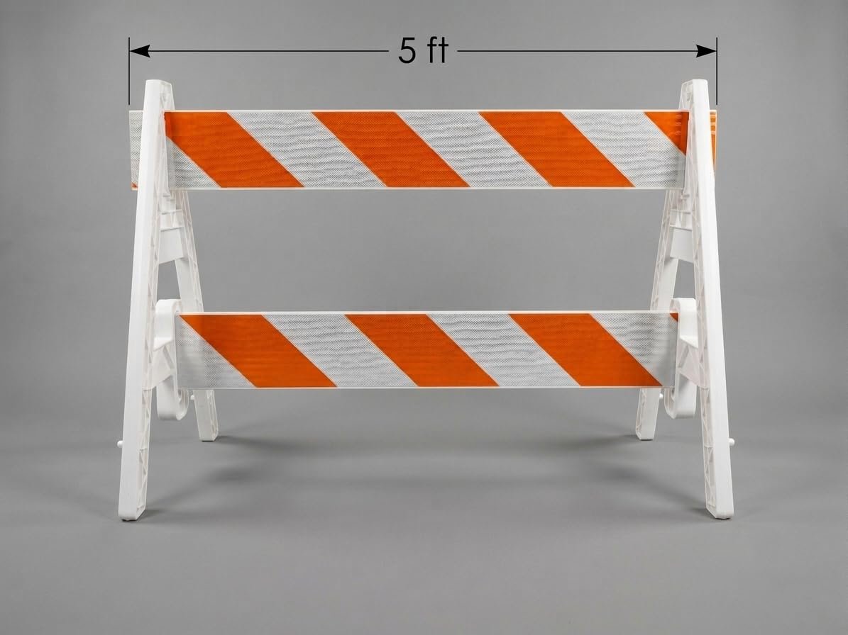Technical dimension graphic of Eastern Metal plastic A-frame barricade with 5-foot reflective rail