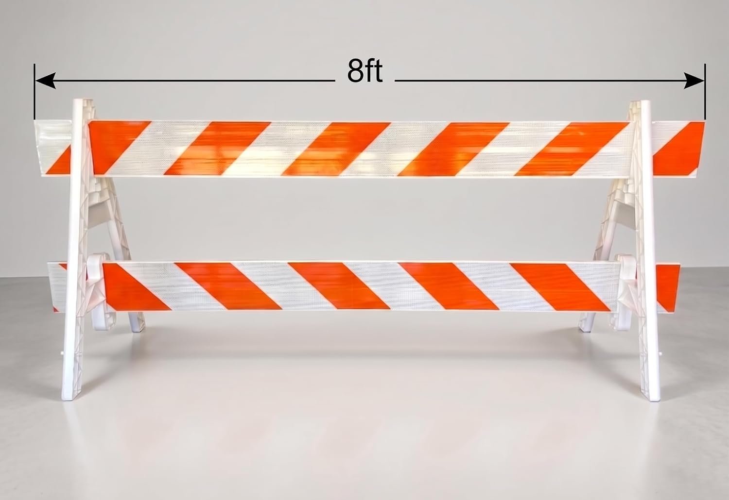 Technical dimension graphic of Eastern Metal plastic A-frame barricade with 8-foot reflective rail