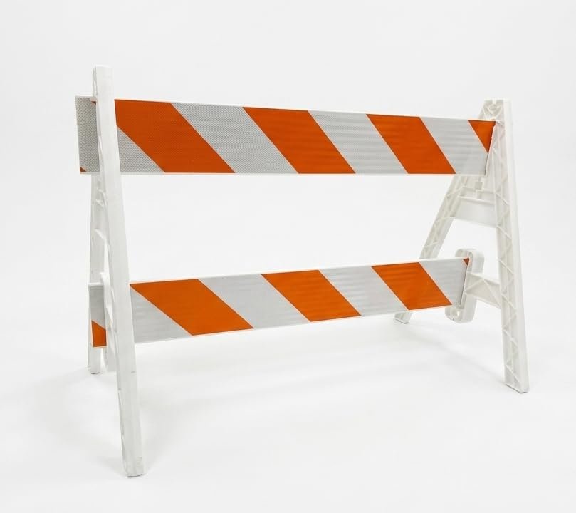 Side profile view of white plastic A-frame barricade leg showing hardware free drop in rail slot