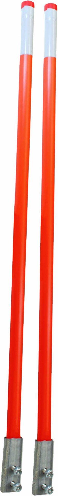 Close-up studio detail of two safety orange low-temp nylon snow plow blade markers with reflective top banding and reinforced metal mounting brackets