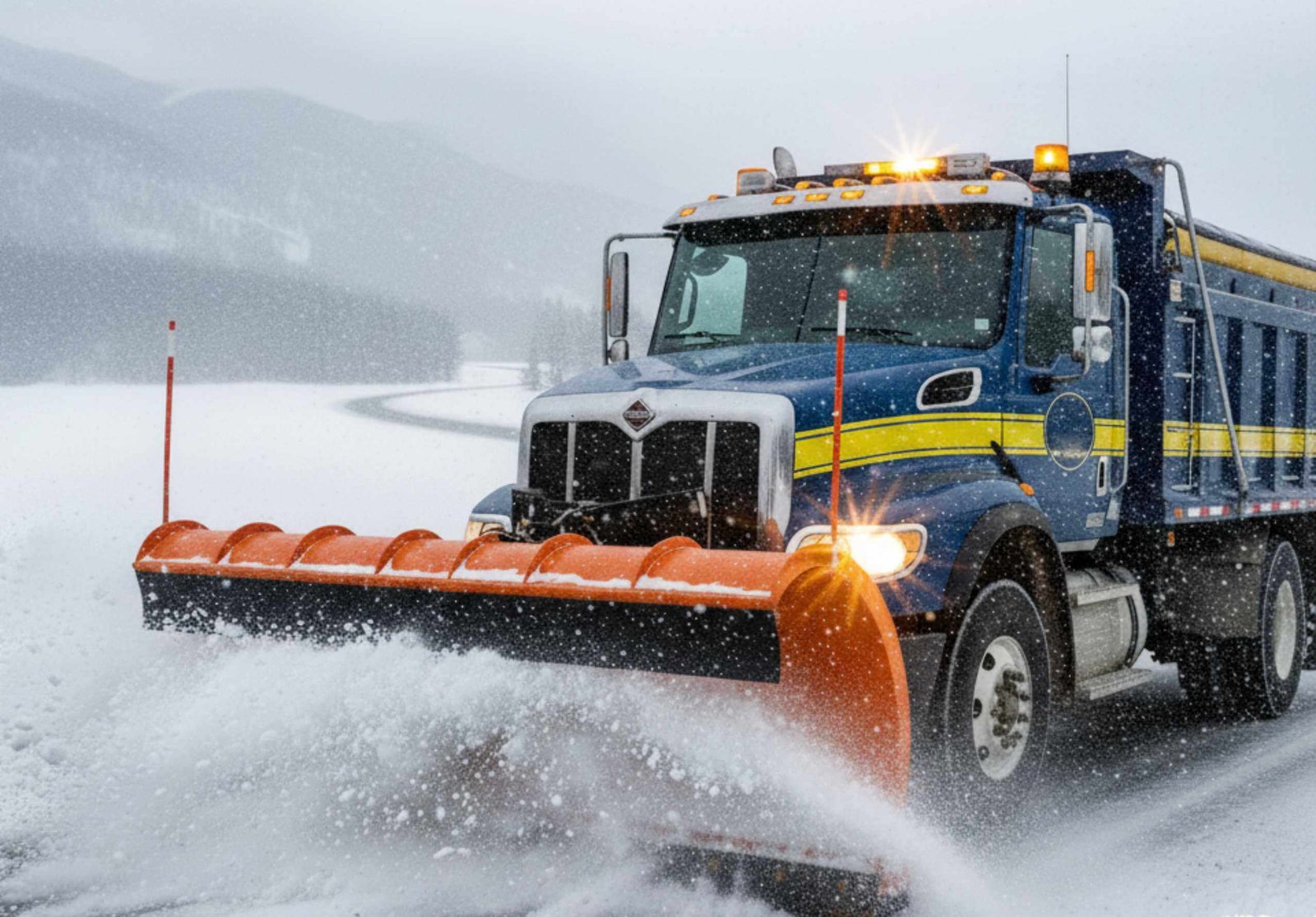 Commercial snow plow truck actively clearing a winter road, demonstrating the need for highly visible snow plow blade markers