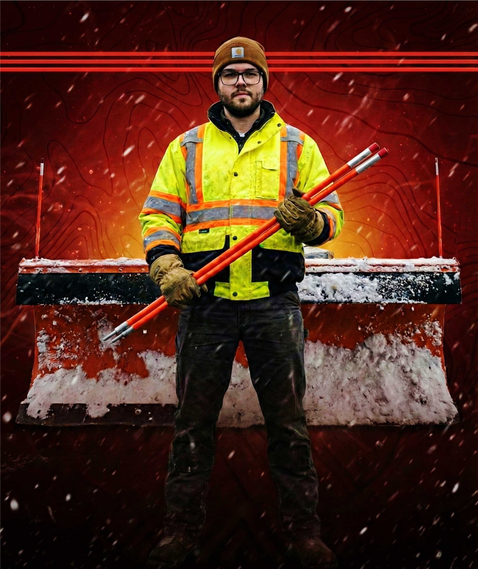 Highway worker in high-visibility safety gear holding a pair of heavy-duty orange snow plow blade markers in front of a plow blade to demonstrate product scale