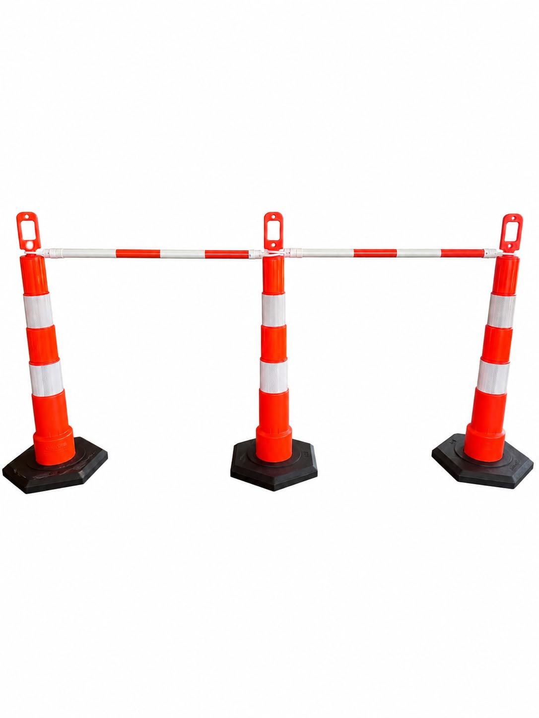 Eastern Metal traffic control barrier and cone bar set featuring 42-inch channelizers and adjustable reflective cone bars configured for work zone safety