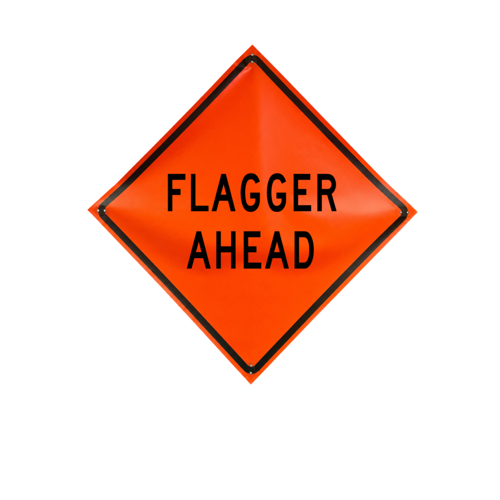 Eastern Metal Signs and Safety daytime use non-reflective orange roll-up sign reading Flagger Ahead