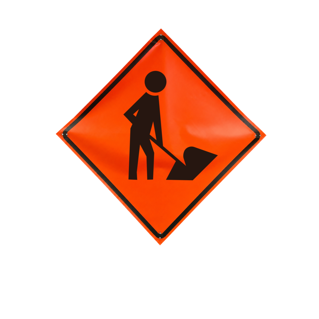 Eastern Metal Signs and Safety daytime use non-reflective orange roll-up sign featuring the worker symbol