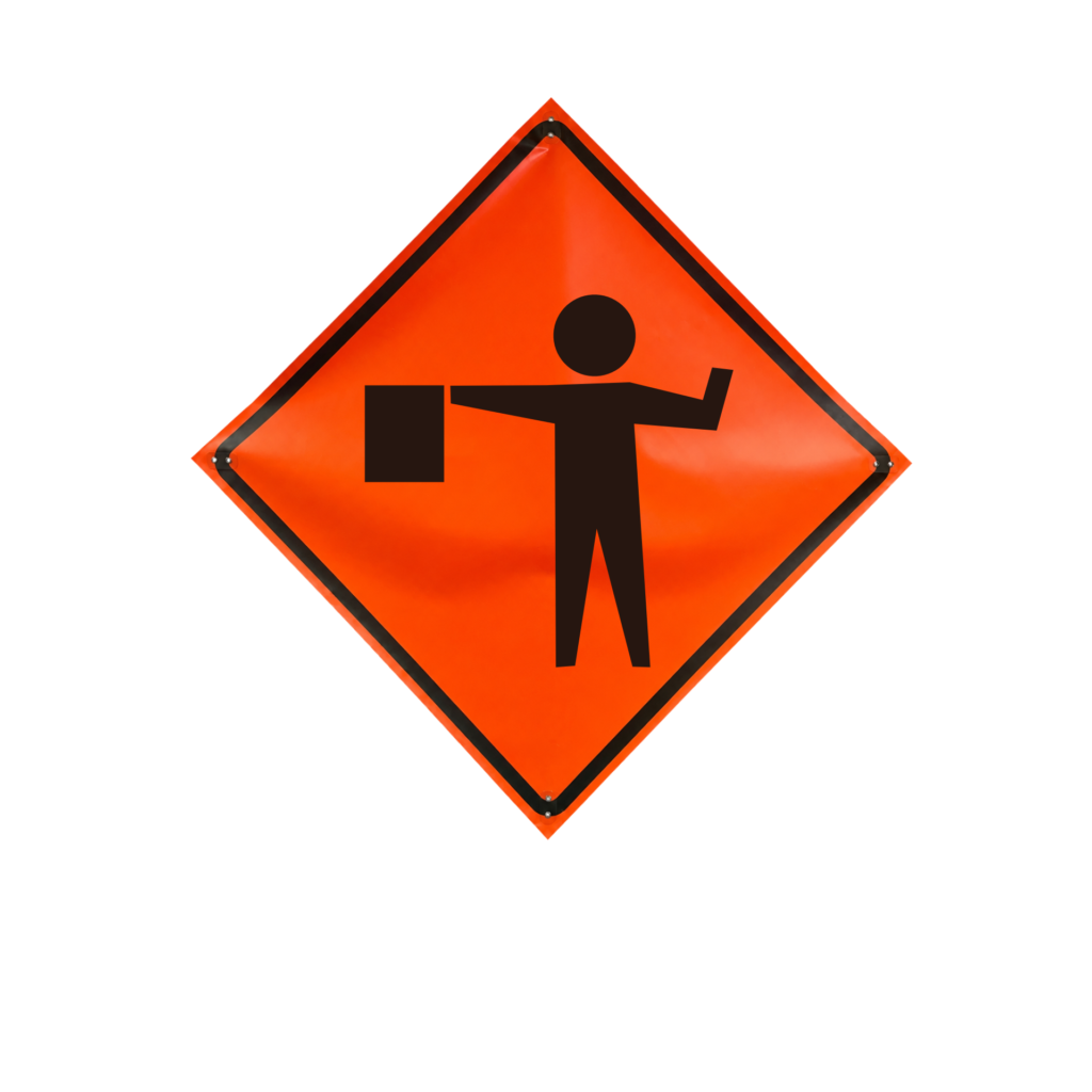 Eastern Metal Signs and Safety daytime use non-reflective orange roll-up sign featuring the flagger symbol