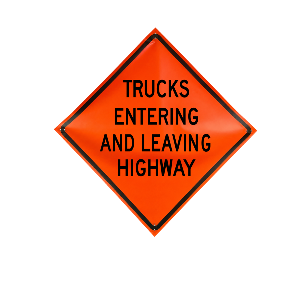 Eastern Metal Signs and Safety daytime use non-reflective orange roll-up sign reading Trucks Entering And Leaving Highway